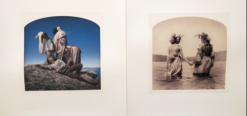 Two Kahn & Selesnick Images side-by-side - Left image of three women hovering above man laying on rock - Right image sepia toned image of two women in flowered costumes holding hands in lake