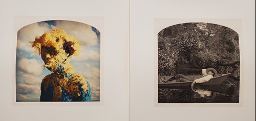 Two Kahn & Selesnick images side-by-side - Left image bust of man covered in yellow feathers - Right image sepia toned image of man asleep in row boat